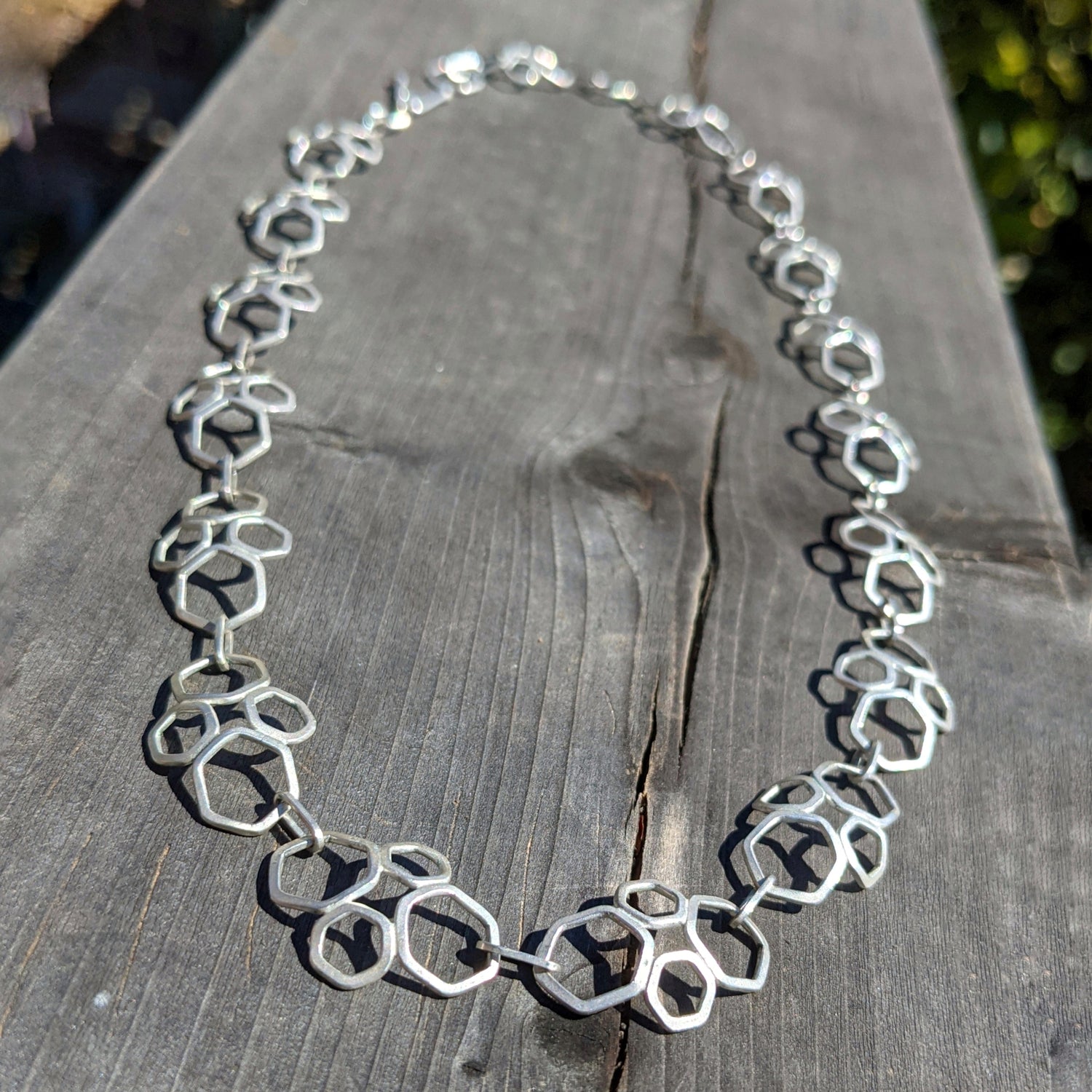 Handmade chain in solid argentium silver or solid gold with geometric designs
